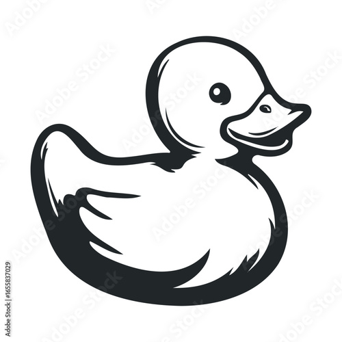 Monochrome cartoon duck illustration with smiling expression