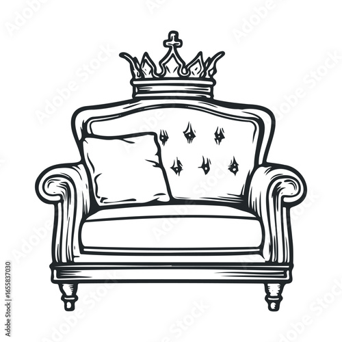 Vintage armchair with regal crown and cushion design in black and white