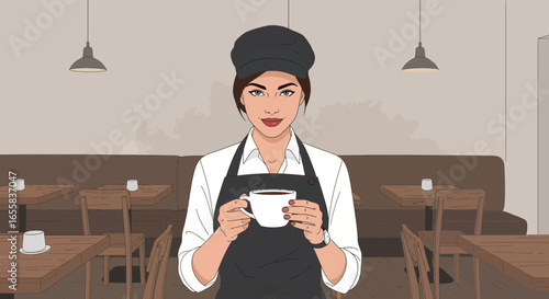 Charming barista holding coffee cup in cozy cafe setting illustration
