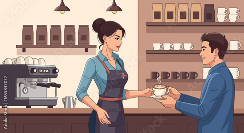 Charming barista passes coffee to a smiling customer in a cozy coffee shop