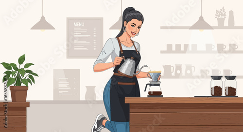 Charming barista pouring artisan coffee with elegant precision in bright cafe