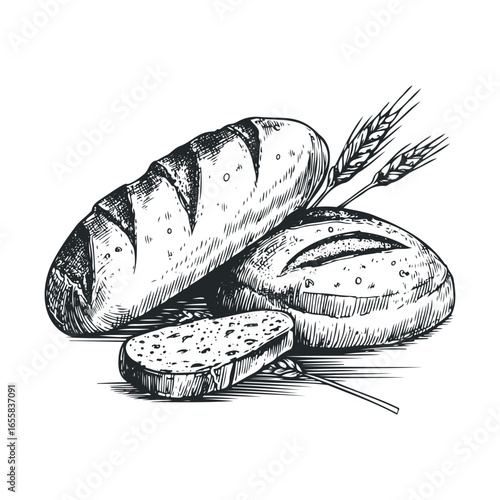 Sketch of freshly baked bread loaves and slices with wheat stalks