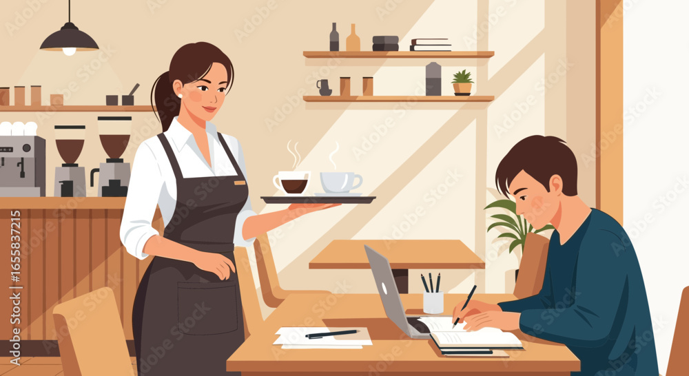 Charming Cafe Scene Featuring Waitress Serving Coffee to a Focused Student Charming Cafe Scene Featuring Waitress Serving Coffee to a Focused Student