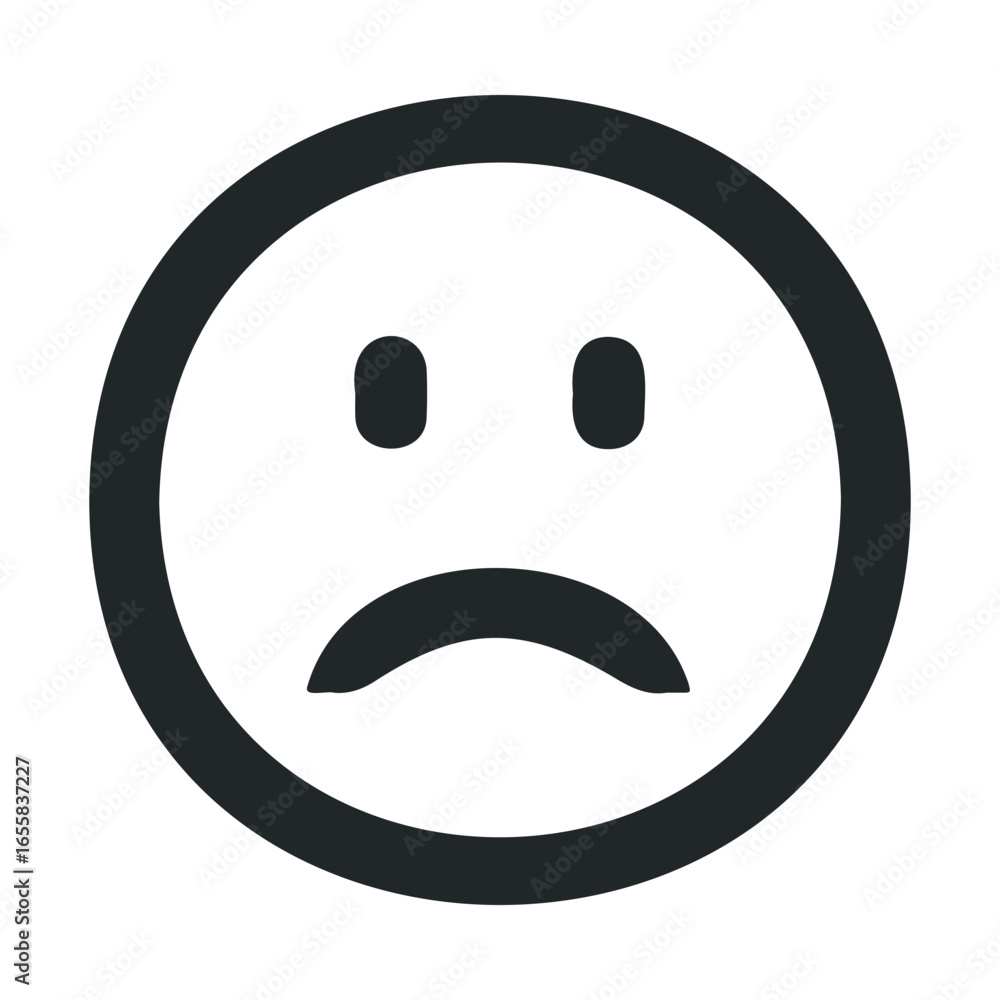 Fototapeta premium Black sad face emoji on white background with circular outline