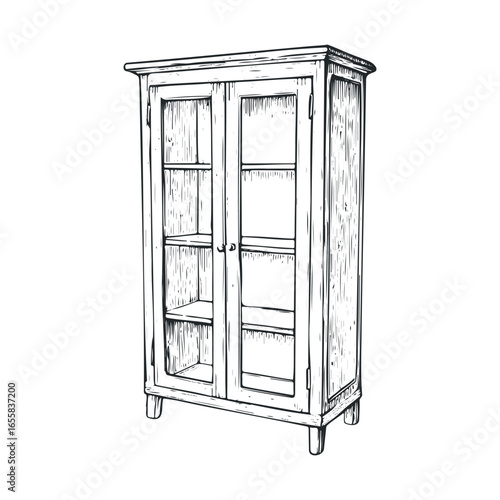 Vintage wooden cabinet with glass doors and shelves illustration