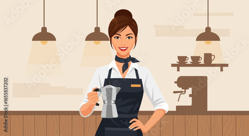 Charming barista with moka pot standing gracefully in a cozy café