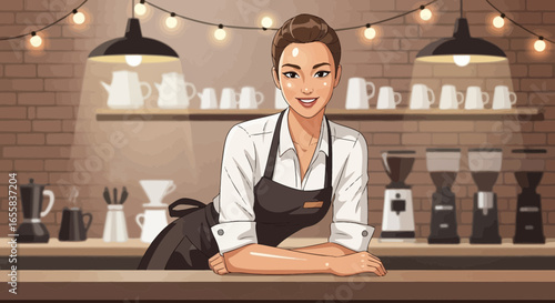 Charming barista smiles in cozy cafe interior with soft ambient lighting