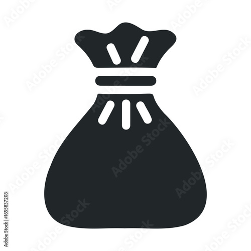 Black silhouette of money bag icon with cinched top and radiating lines