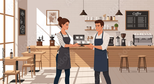 Charming coffee shop scene showcasing friendly service and cafe ambiance