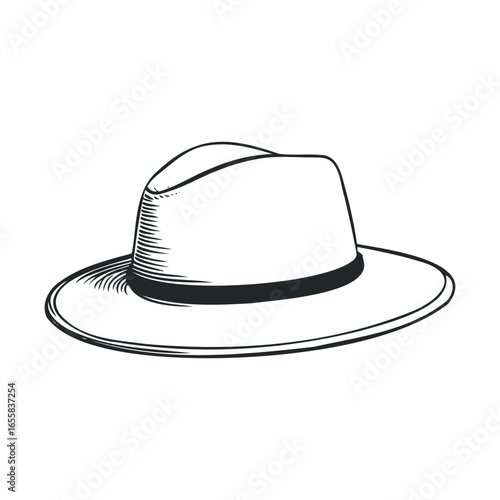 Classic fedora hat line art sketch with wide brim and ribbon detail