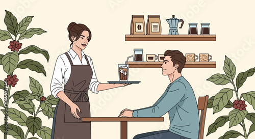 Charming coffee shop ambiance with waitress serving iced beverage to customer