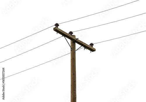 Utility pole with electrical wires and insulators isolated on transparent background