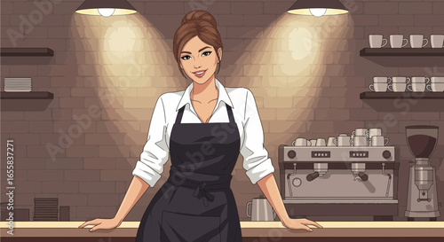 Charming female barista standing in coffee shop, cartoon style render