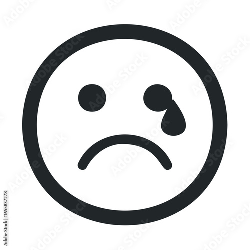 Sad face emoji with tear expressing sadness and emotion in black and white illustration