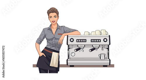 Confident barista leaning against professional espresso machine smiling warmly
