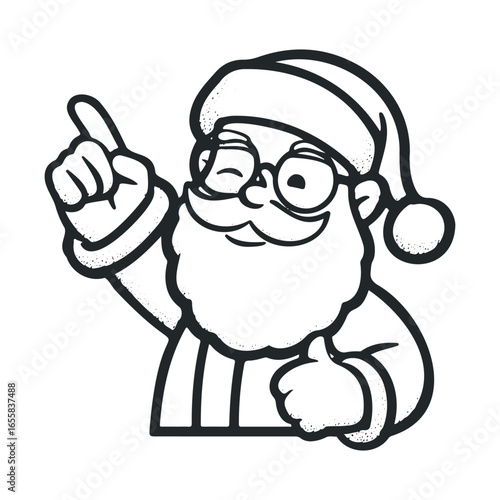 Cheerful cartoon santa claus with glasses pointing upwards gesture