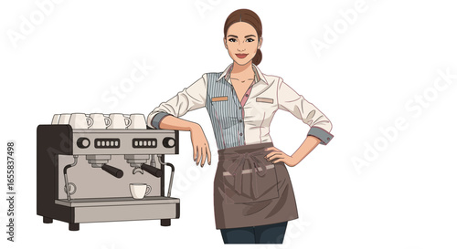 Confident barista leaning on espresso machine with a cheerful smile