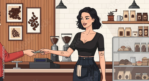 Cozy coffee shop scene with barista receiving payment from a customer
