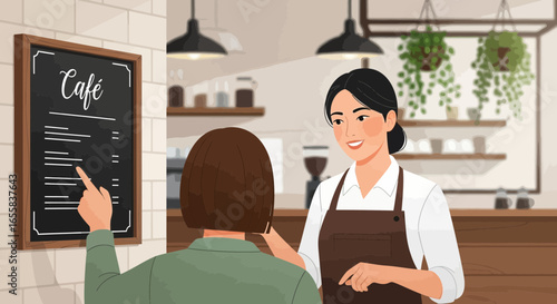 Customer in a cafe orders coffee to the friendly female waitress