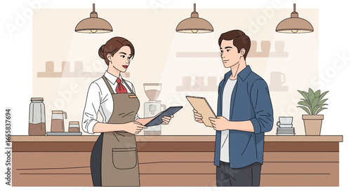 Customer placing order at coffee shop while interacting with barista staff