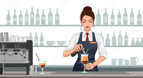 Elegant barista crafting a layered cocktail in a stylish contemporary bar setting