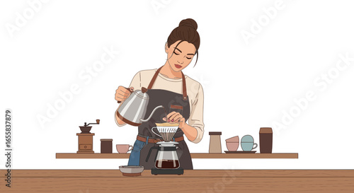 Elegant Barista Crafting Coffee with Style and Precision at Countertop
