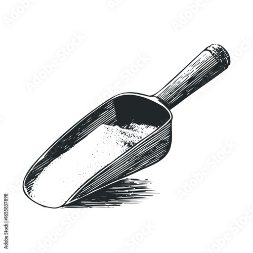 Vintage style engraving of a flour scoop with wooden handle on white background