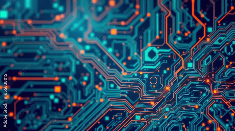 Obraz premium An abstract closeup of a circuit board with teal lines and orange points on a dark blue background
