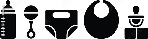 Collection of baby products and toys icons featuring a silhouette style