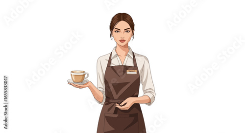 Elegant barista presenting a latte with graceful poise on a clean backdrop