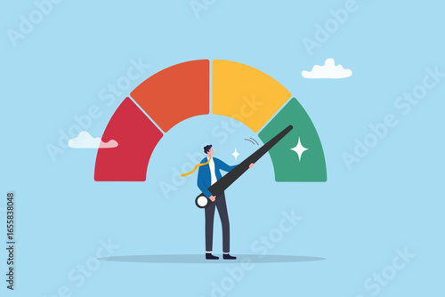 Risk control or employee performance measurement, rating evaluation level or efficiency score, quality analysis scale concept, businessman holding performance improvement or risk gauge indicator.