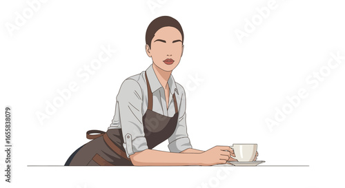 Elegant barista resting during break, holding a coffee cup gracefully
