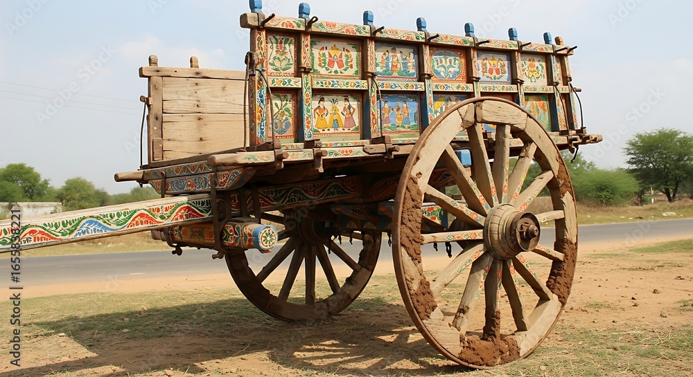 Obraz premium Vibrant Hand-Painted Indian Bullock Cart, Rustic Charm, Vivid Colors, Rural Landscape