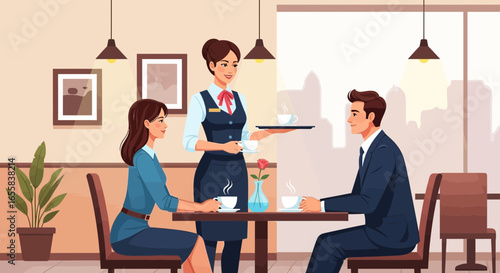 Elegant coffee service at cafe showcasing couple and attentive waitress