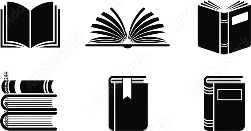 Collection of black and white book icons featuring a distinctive silhouette style