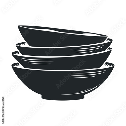 Stack of four nested black bowls on white background