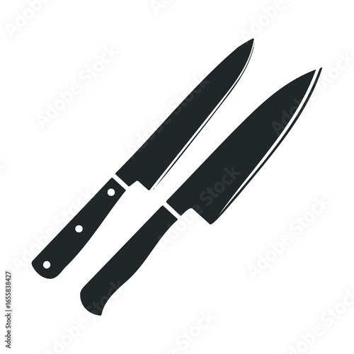 Silhouette of two kitchen knives crossed against a white background