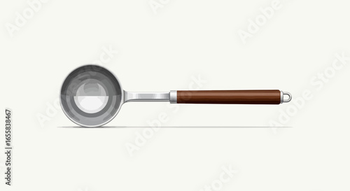 Elegant silver soup ladle with a natural wooden handle on neutral background