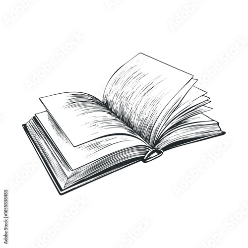 Sketch of an open book with detailed pages and hardcover