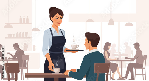 Elegant waitress serves coffee to a customer in a cozy cafe setting