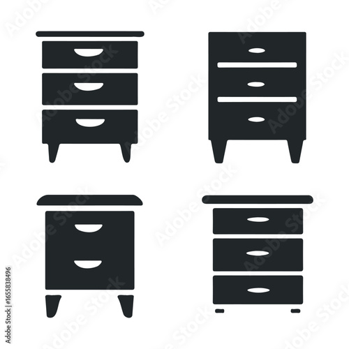 Set of four diverse drawer silhouettes in black on white background