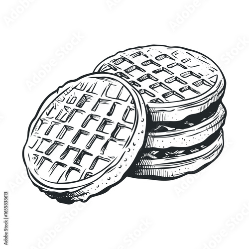 Black and white drawing of stack of waffles