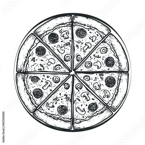 Hand-drawn pizza illustration with mushrooms and pepperoni slices