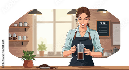 Enchanting barista preparing coffee with a French press, vintage style