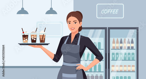Enchanting barista with iced coffee ready to serve at modern cafe
