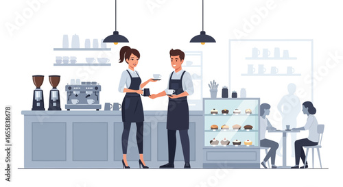 Energetic Baristas Serving Coffee and Cakes in a Modern Cozy Cafe Setting