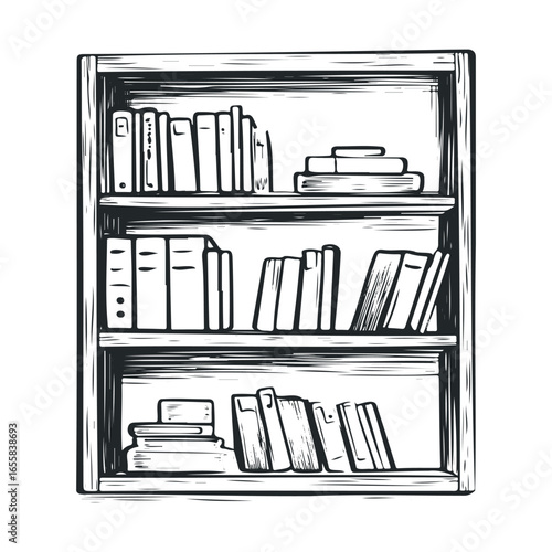 Hand-drawn bookshelf illustration with vintage books in black and white