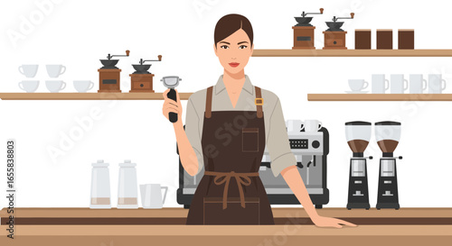Female barista preparing coffee using an espresso machine in a coffee shop