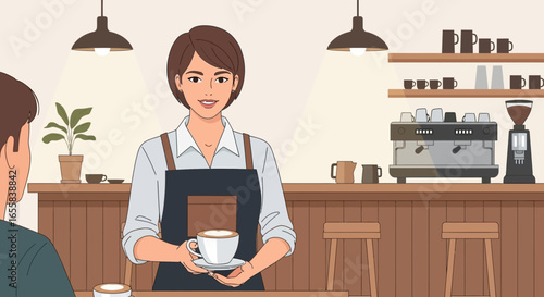 Friendly barista serves a cup of cappuccino to a customer in a cozy cafe