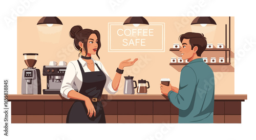 Friendly barista engaging with customer at modern coffee shop setting
